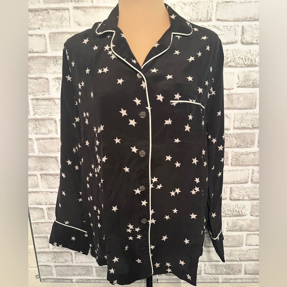 Equipment Lillian Silk Pajama Set XS Black w/ Cream Stars Long Sleeve Shorts - Picture 5 of 13